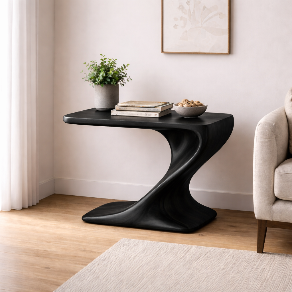 Solid Wood Sculptural End Table – Modern Walnut Curved Side Table for Living Room Kitchnce