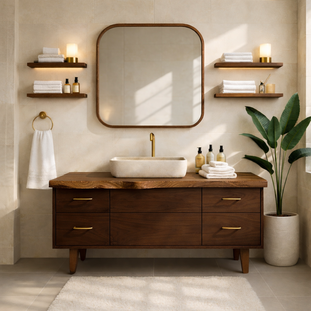 Modern Solid Wood Bathroom Vanity Cabinet With Drawers Mid-Century Style Kitchnce