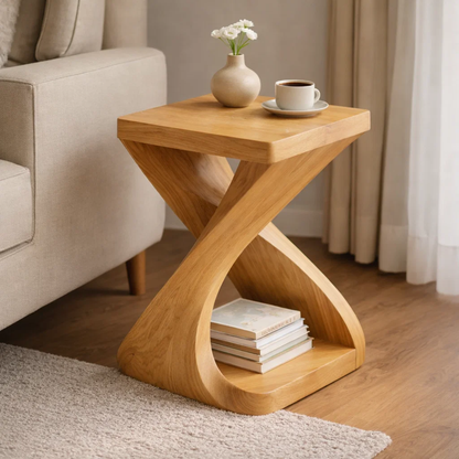Sculptural Solid Wood End Table with Curved Base and Shelf – Modern Side Table