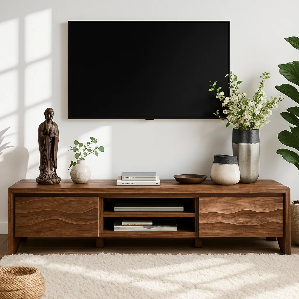 Modern Wave Front Wood TV Stand Long Media Console With Storage and Open Shelf Kitchnce