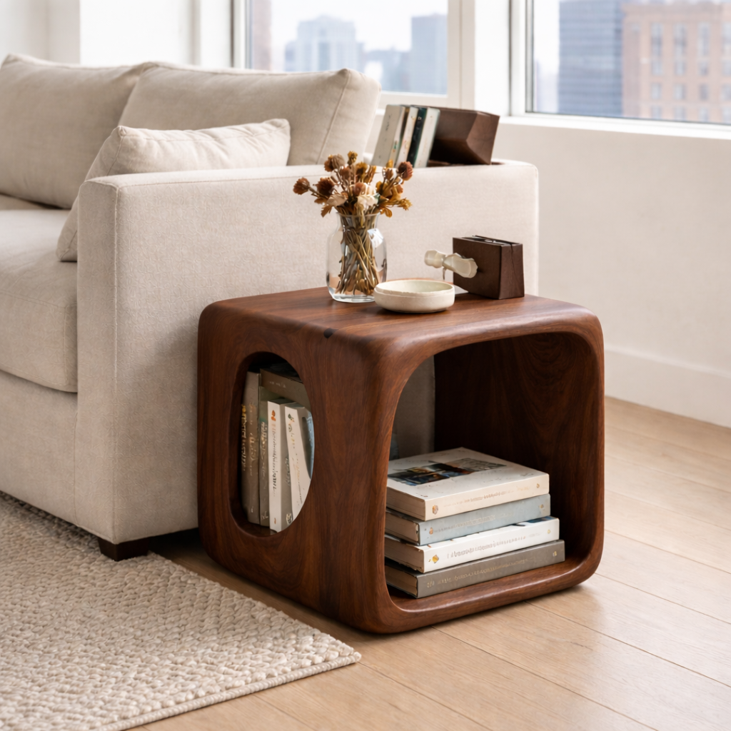 Solid Wood Cube End Table with Storage Shelf – Modern Wooden Side Table Kitchnce