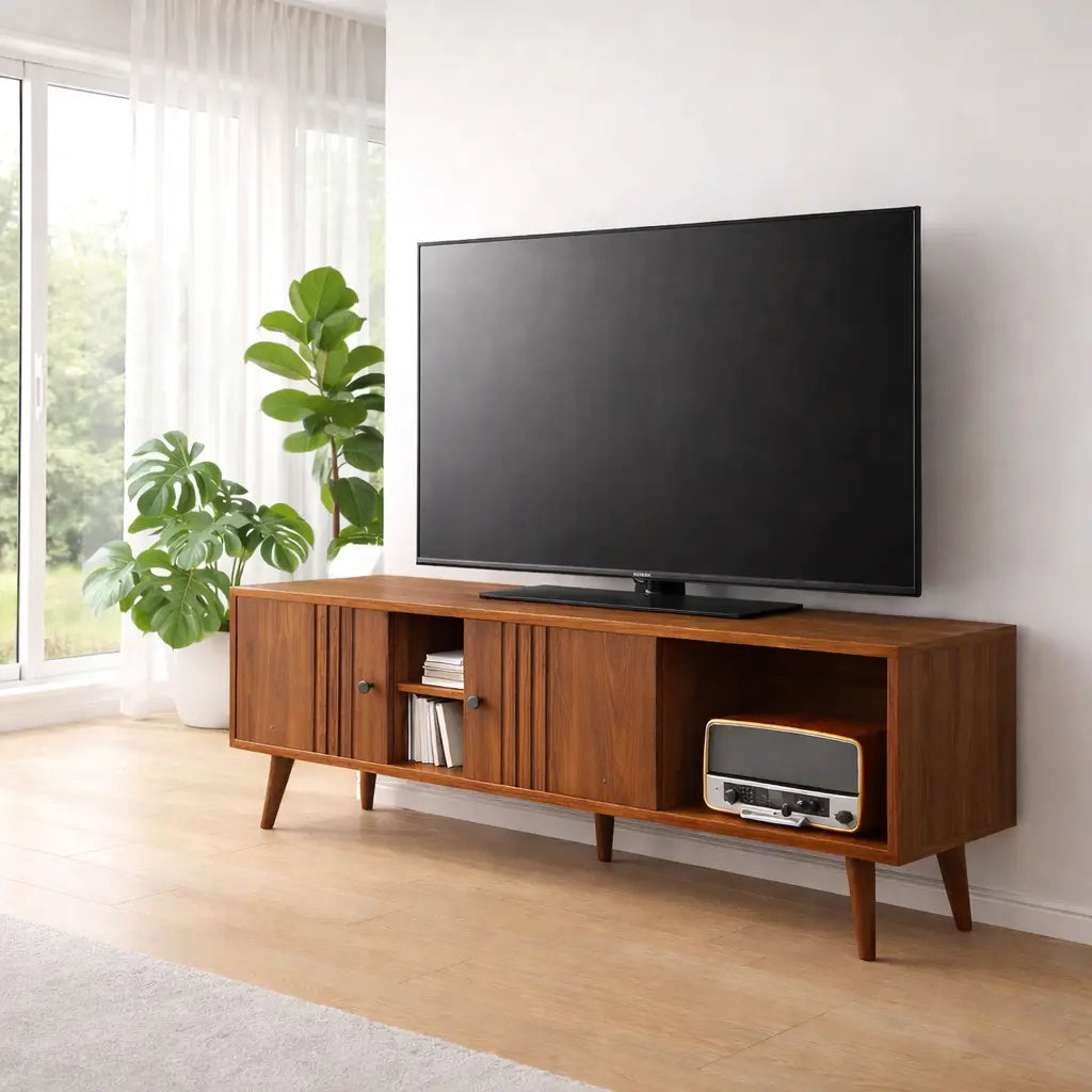 Mid Century Wood TV Cabinet – Modern Media Console with Storage Kitchnce