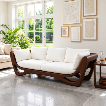 Modern Curved Wooden Sofa, Sculptural Minimalist Couch with Plush White Cushions