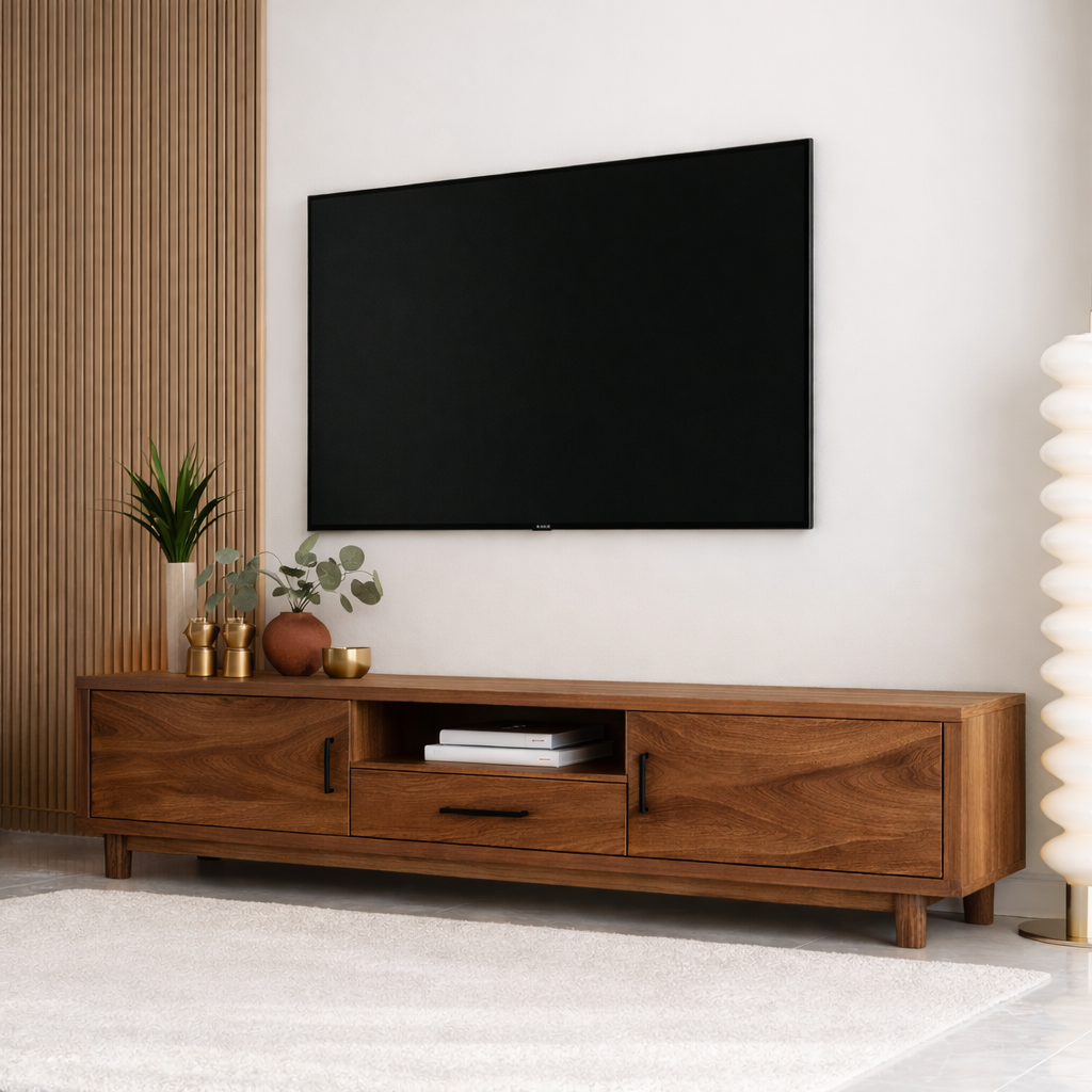 Mid Century Solid Wood TV Stand Wave Front Media Console Modern Entertainment Cabinet Kitchnce