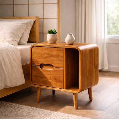 Solid Wood Nightstand with Drawer & Open Cubby – Curved Modern Bedside Table