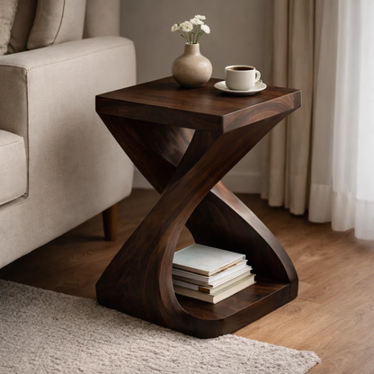 Sculptural Solid Wood End Table with Curved Base and Shelf – Modern Side Table