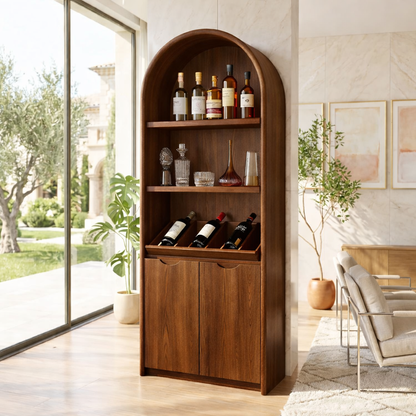 Contemporary Arched Wine Cabinet with Display Shelves and Hidden Storage Doors