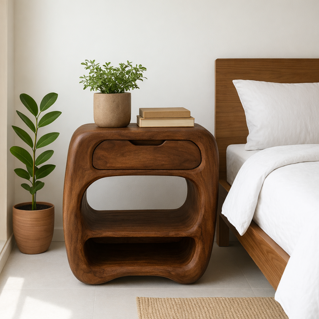 Curved Solid Wood Nightstand with Drawer and Open Shelves - Natural Finish Kitchnce