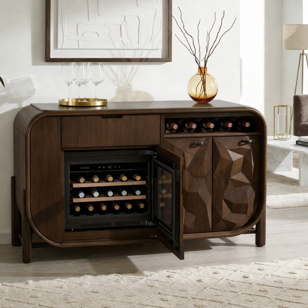 Modern Wooden Wine Bar Cabinet, Rounded Sideboard with Integrated Cooler Storage