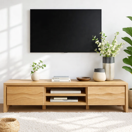 Modern Wave Front Wood TV Stand Long Media Console With Storage and Open Shelf Kitchnce