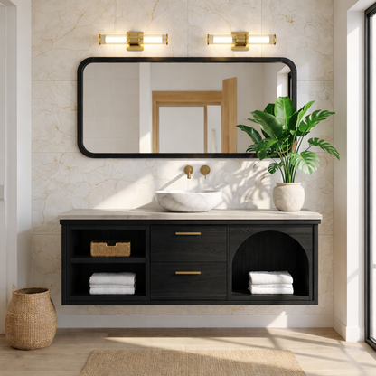 Modern Walnut Floating Vanity with Arched Shelf and Natural Finish Kitchnce