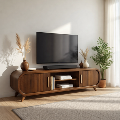 Mid Century Solid Wood TV Stand Curved Media Console Modern Entertainment Center Cabinet Kitchnce