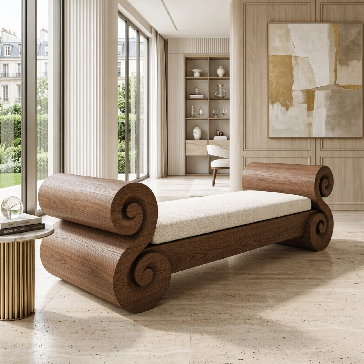 Scrolled End Bench Daybed, Sculptural Accent Seating for Elegant Modern Interiors