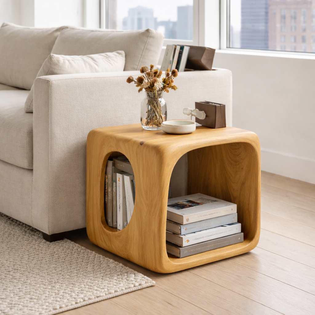 Solid Wood Cube End Table with Storage Shelf – Modern Wooden Side Table Kitchnce