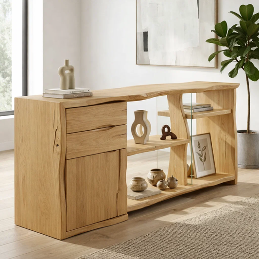 Live Edge Solid Wood Console Cabinet - Modern Rustic Sideboard with Glass Shelving