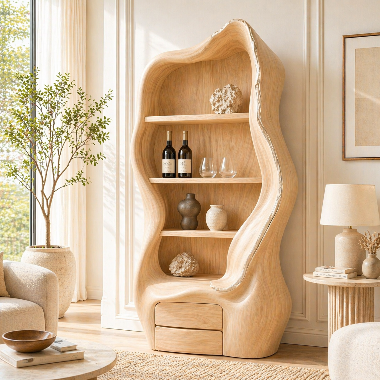 Sculptural Tall Wine Cabinet Organic Bar Storage Display Shelves Statement Furniture