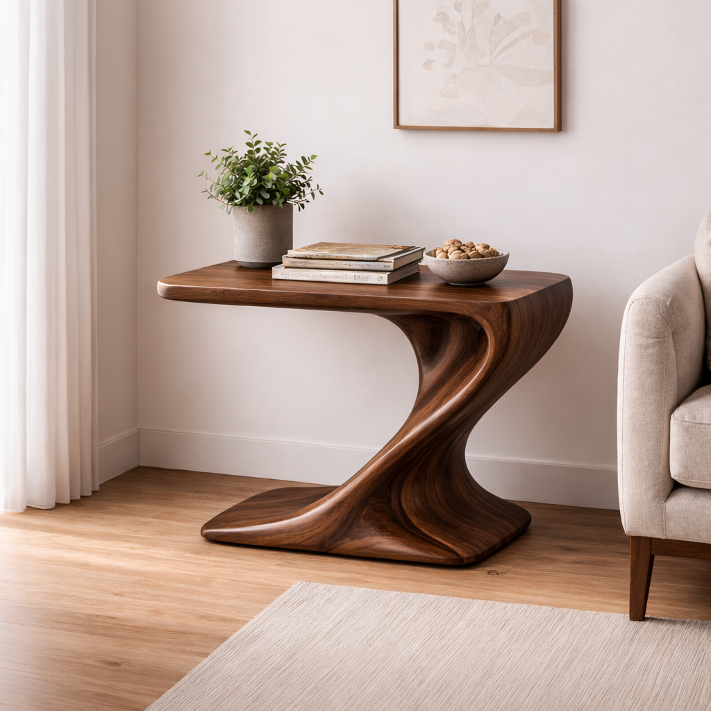 Solid Wood Sculptural End Table – Modern Walnut Curved Side Table for Living Room Kitchnce