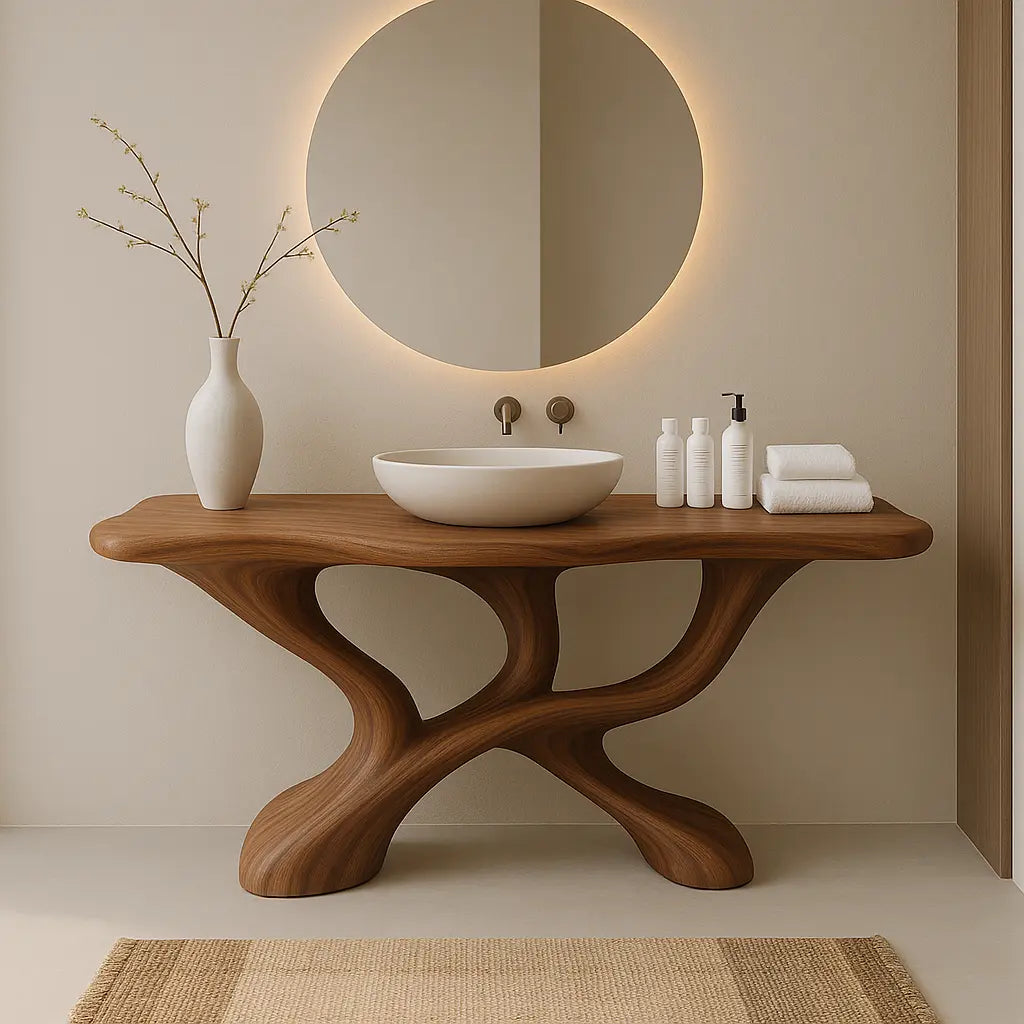 Handcrafted Solid Wood Sculptural Vanity with Fluid Modern Design and Artistic Form Kitchnce
