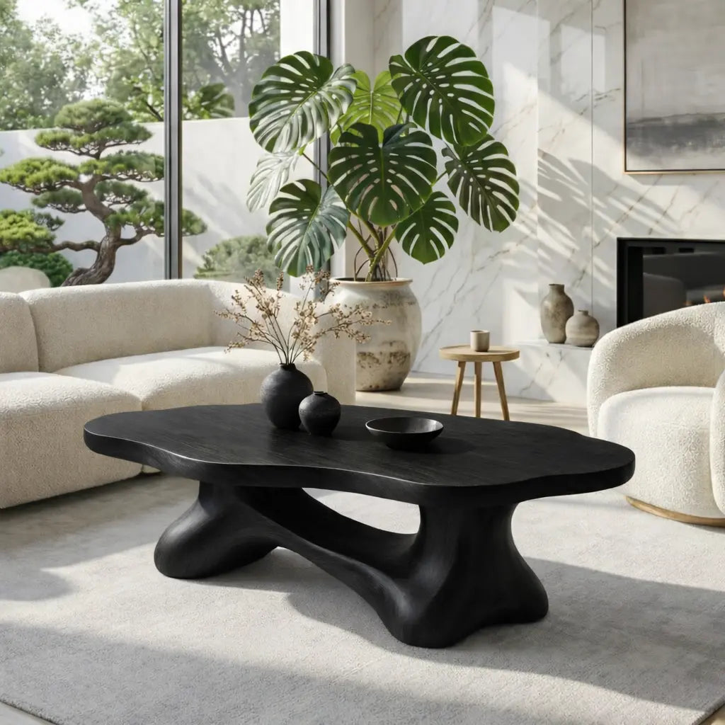 Solid Wood Sculptural Coffee Table with Organic Carved Base, Modern Designer Living Room Table Kitchnce