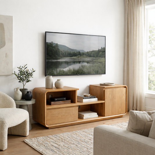 Solid Wood Media Console with Rounded Edges, Modern TV Stand with Storage Cabinet