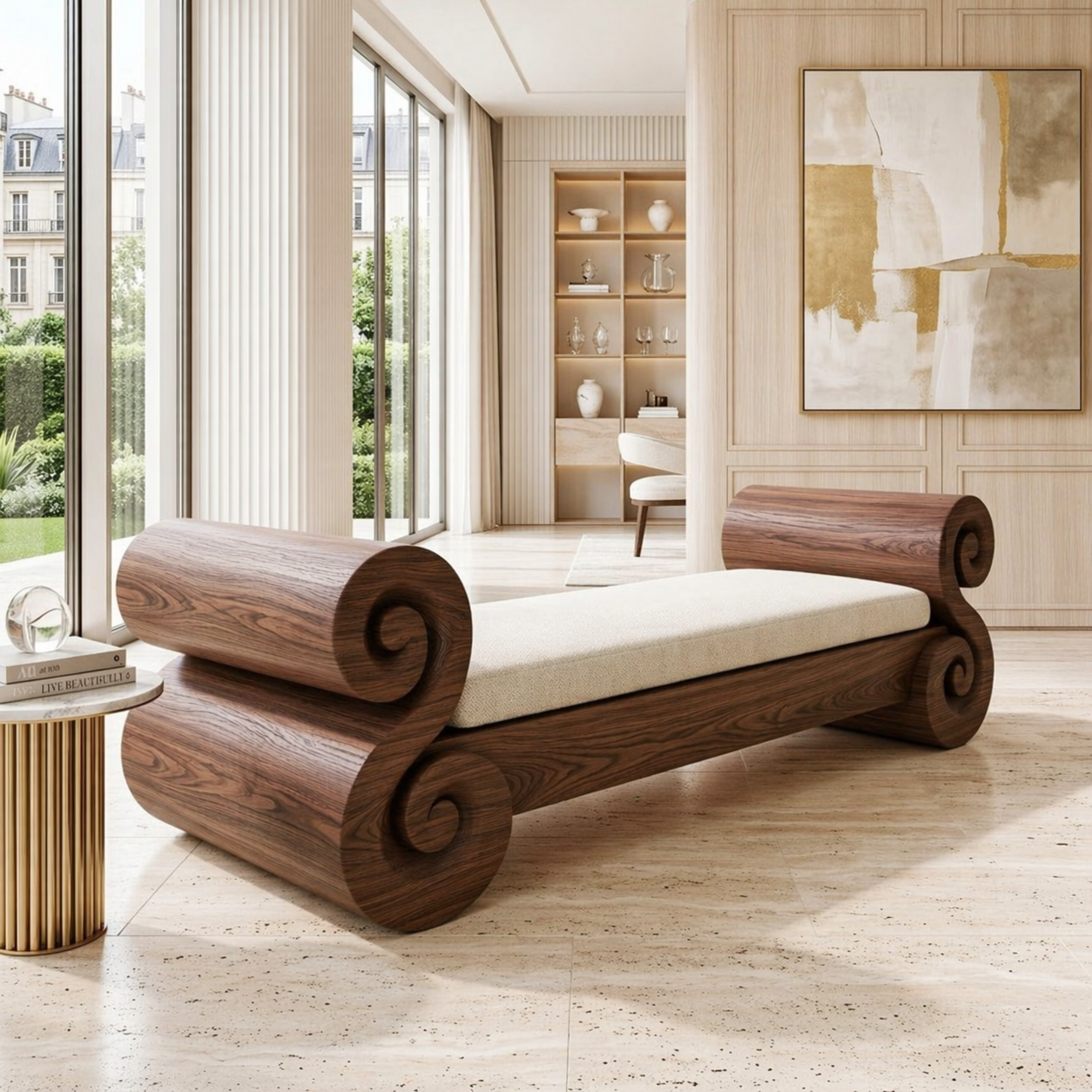 Scrolled End Bench Daybed, Sculptural Accent Seating for Elegant Modern Interiors