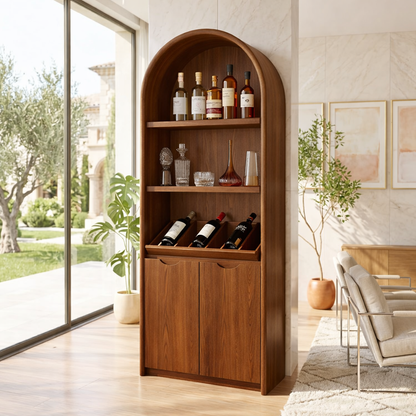 Contemporary Arched Wine Cabinet with Display Shelves and Hidden Storage Doors