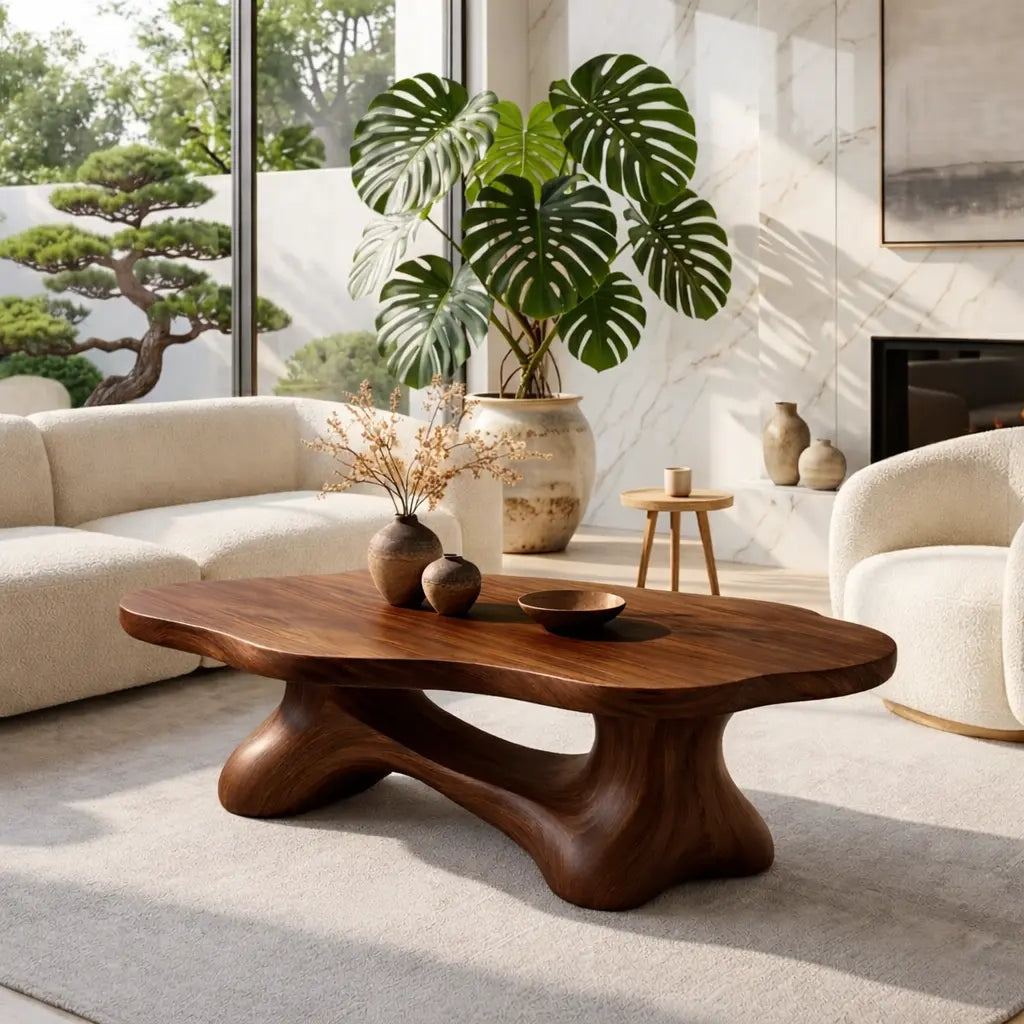 Solid Wood Sculptural Coffee Table with Organic Carved Base, Modern Designer Living Room Table Kitchnce