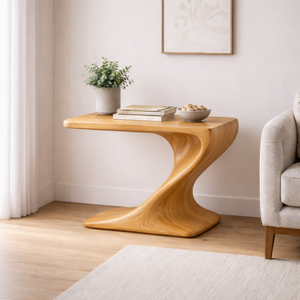 Solid Wood Sculptural End Table – Modern Walnut Curved Side Table for Living Room Kitchnce