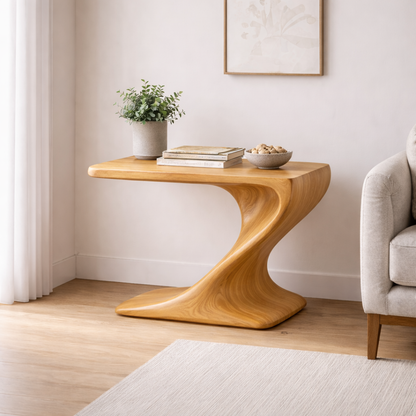 Solid Wood Sculptural End Table – Modern Walnut Curved Side Table for Living Room Kitchnce