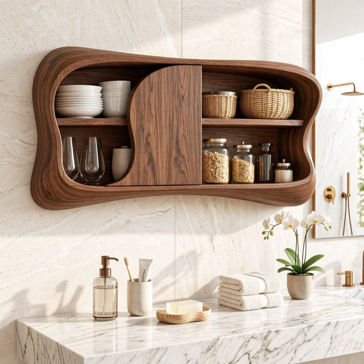 Floating Bathroom Cabinet, Modern Organic Wall Mounted Vanity Storage Organizer Unit