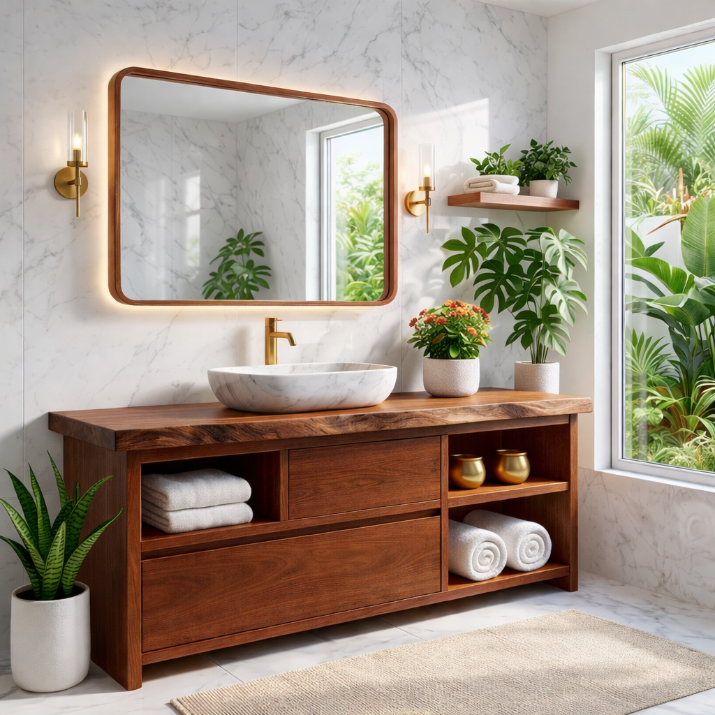 Elegant Wooden Bathroom Vanity with Marble Sink and LED Mirror Kitchnce