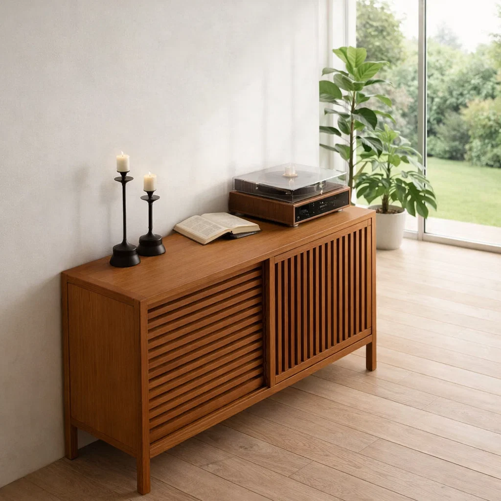Slatted Sliding Door Sideboard Cabinet – Modern Minimalist Storage Console