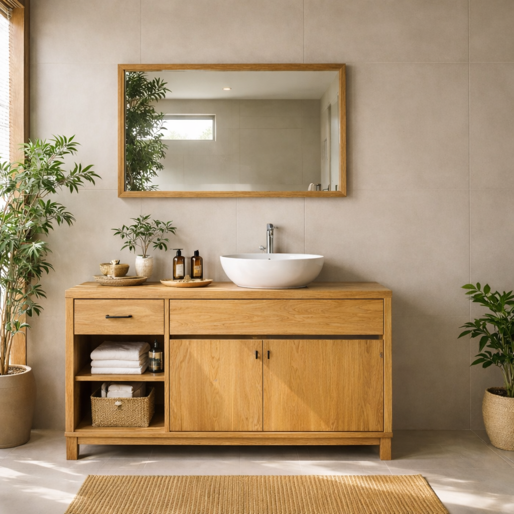 Solid Wood Bathroom Vanity with Side Shelf Storage – Natural Wood Freestanding Vanity Cabinet