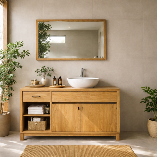 Solid Wood Bathroom Vanity with Side Shelf Storage – Natural Wood Freestanding Vanity Cabinet