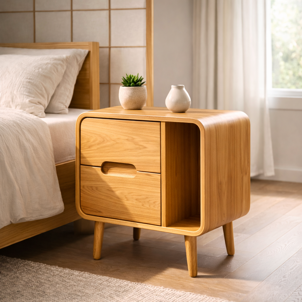 Solid Wood Nightstand with Drawer & Open Cubby – Curved Modern Bedside Table