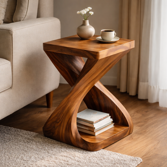 Sculptural Solid Wood End Table with Curved Base and Shelf – Modern Side Table