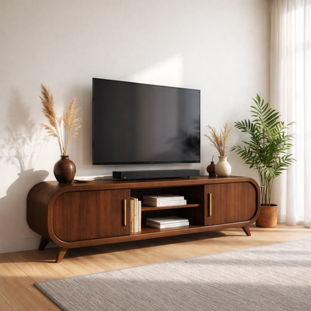 Mid Century Solid Wood TV Stand Curved Media Console Modern Entertainment Center Cabinet Kitchnce