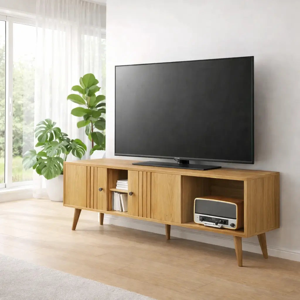 Mid Century Wood TV Cabinet – Modern Media Console with Storage Kitchnce