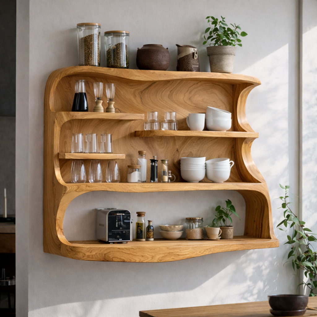 Floating Solid Wood Kitchen Cabinet with Open Shelves | Modern Rustic Storage