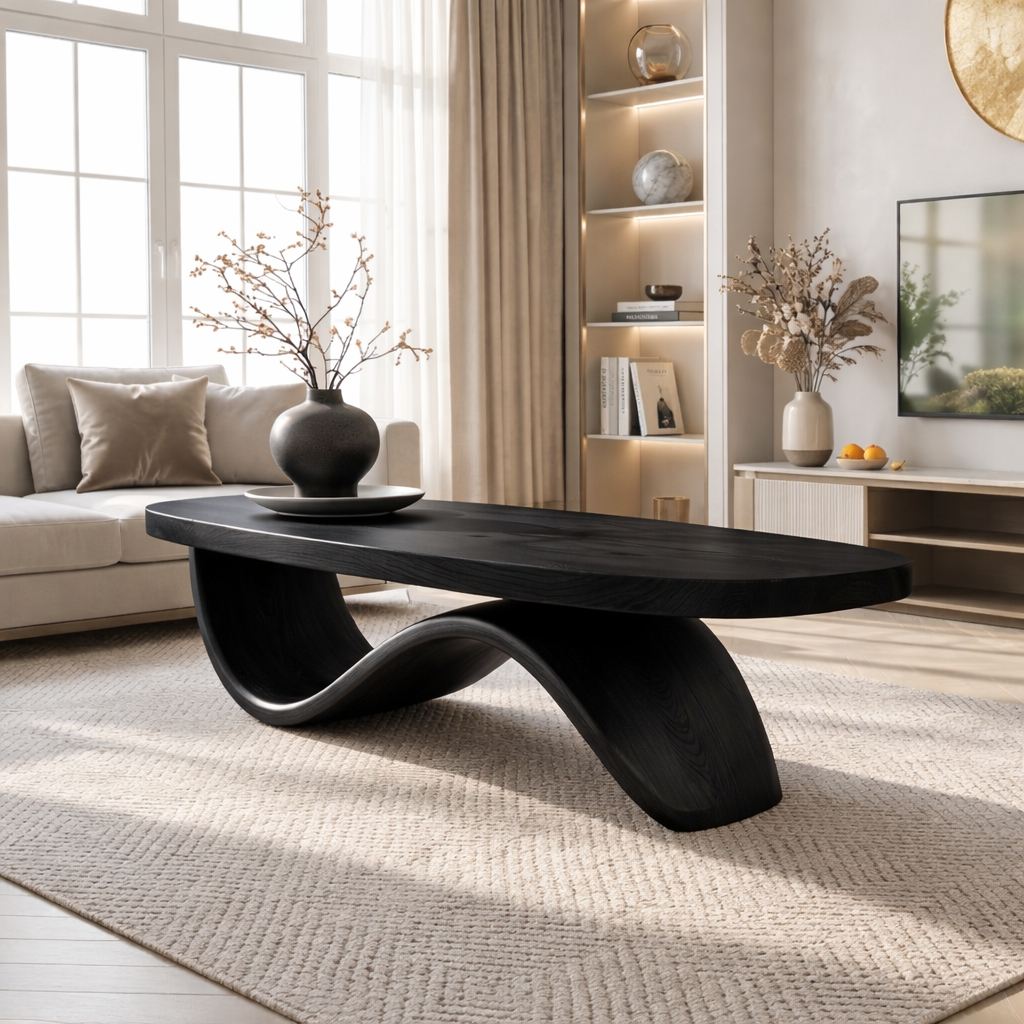 Elegant Wooden Coffee Table with Curved Wavy Design