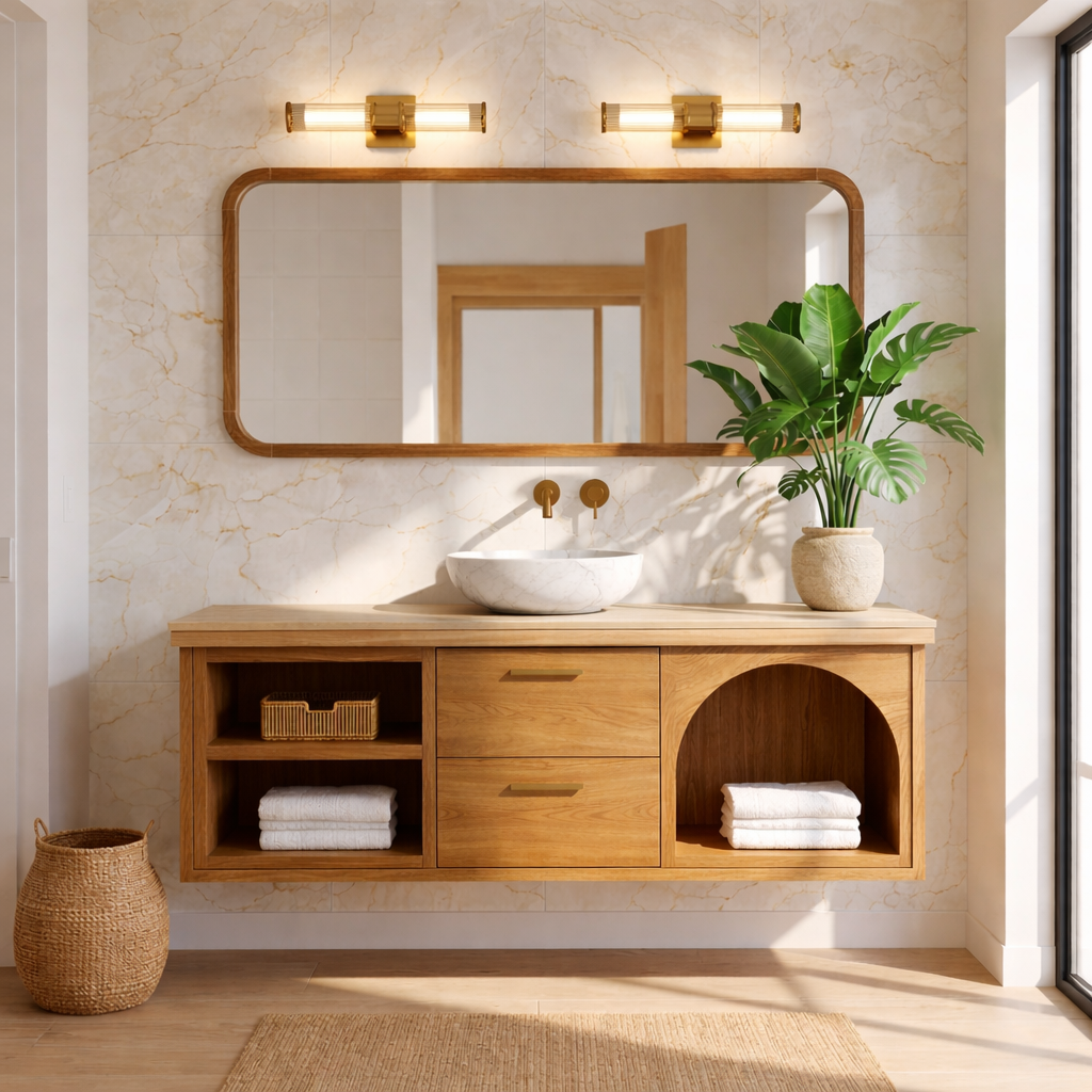 Modern Walnut Floating Vanity with Arched Shelf and Natural Finish Kitchnce