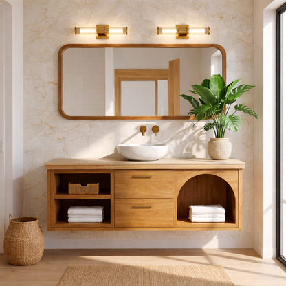 Modern Walnut Floating Vanity with Arched Shelf and Natural Finish Kitchnce