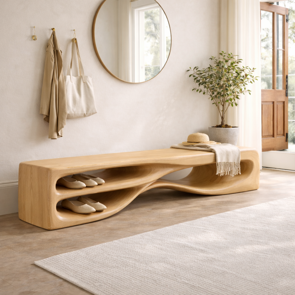 Modern Entryway Bench with Shoe Storage Sculptural Hallway Seat Statement Furniture