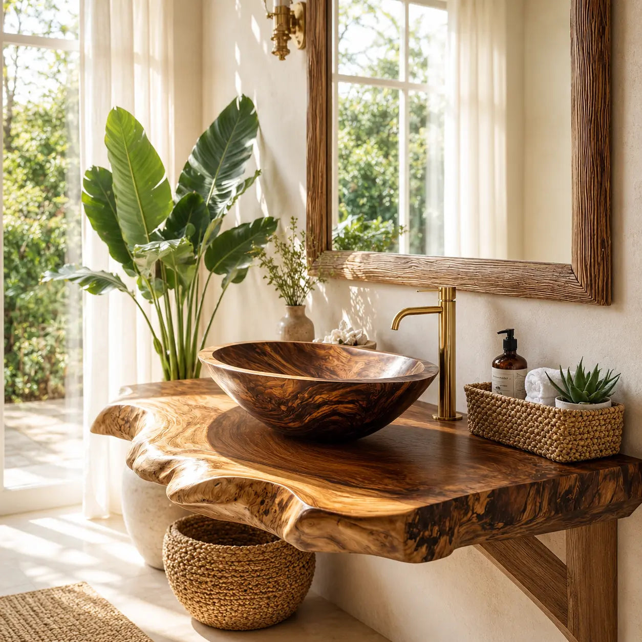 Spalted Live Edge Vanity Shelf | Tiered Solid Wood Floating Bathroom Counter Kitchnce