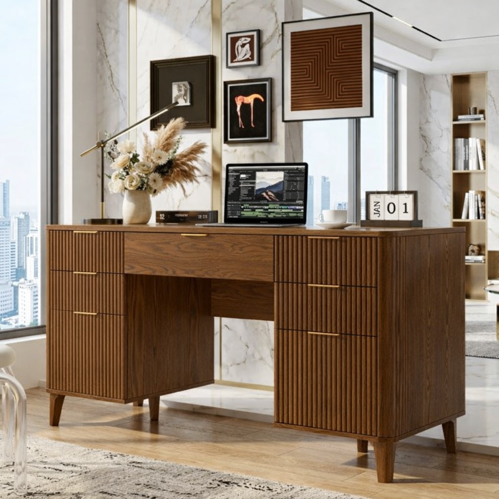 Modern Fluted Executive Desk with Drawers, Large Minimalist Home Office Writing Table
