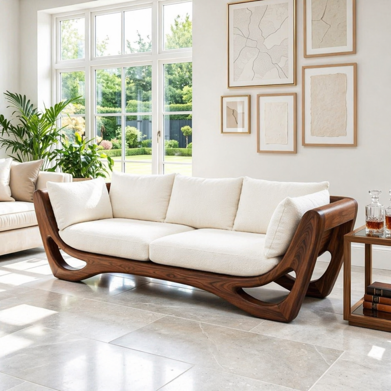 Modern Curved Wooden Sofa, Sculptural Minimalist Couch with Plush White Cushions