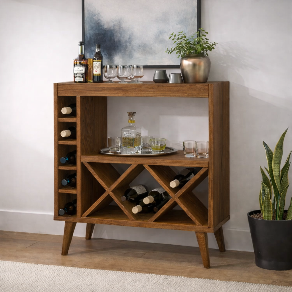 Solid Wood Wine Cabinet with X Rack and Open Shelf Storage