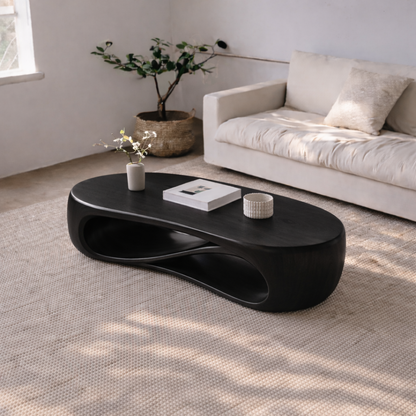 Solid Wood Sculptural Coffee Table with Curved Storage Shelf – Modern Living Room Table Kitchnce