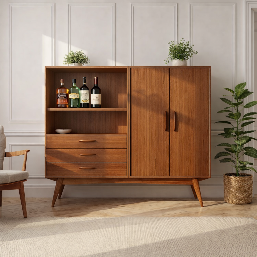 Handcrafted Solid Wood Wine Cabinet Mid Century Bar Storage with Doors and Drawers