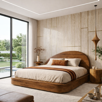 Modern Wooden Bed Frame with Curved Headboard and Platform Design Style